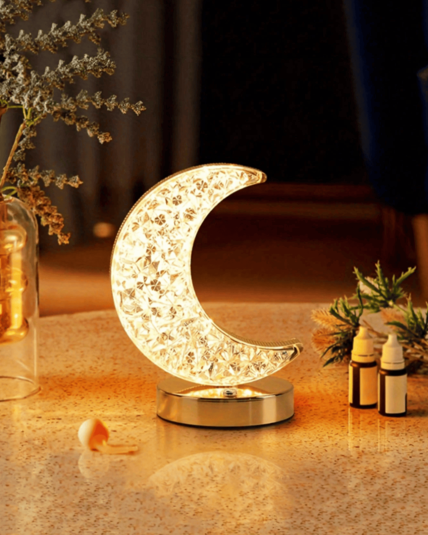 Crescent Moon Crystal Table Lamp Dimmable Touch Control Night Light