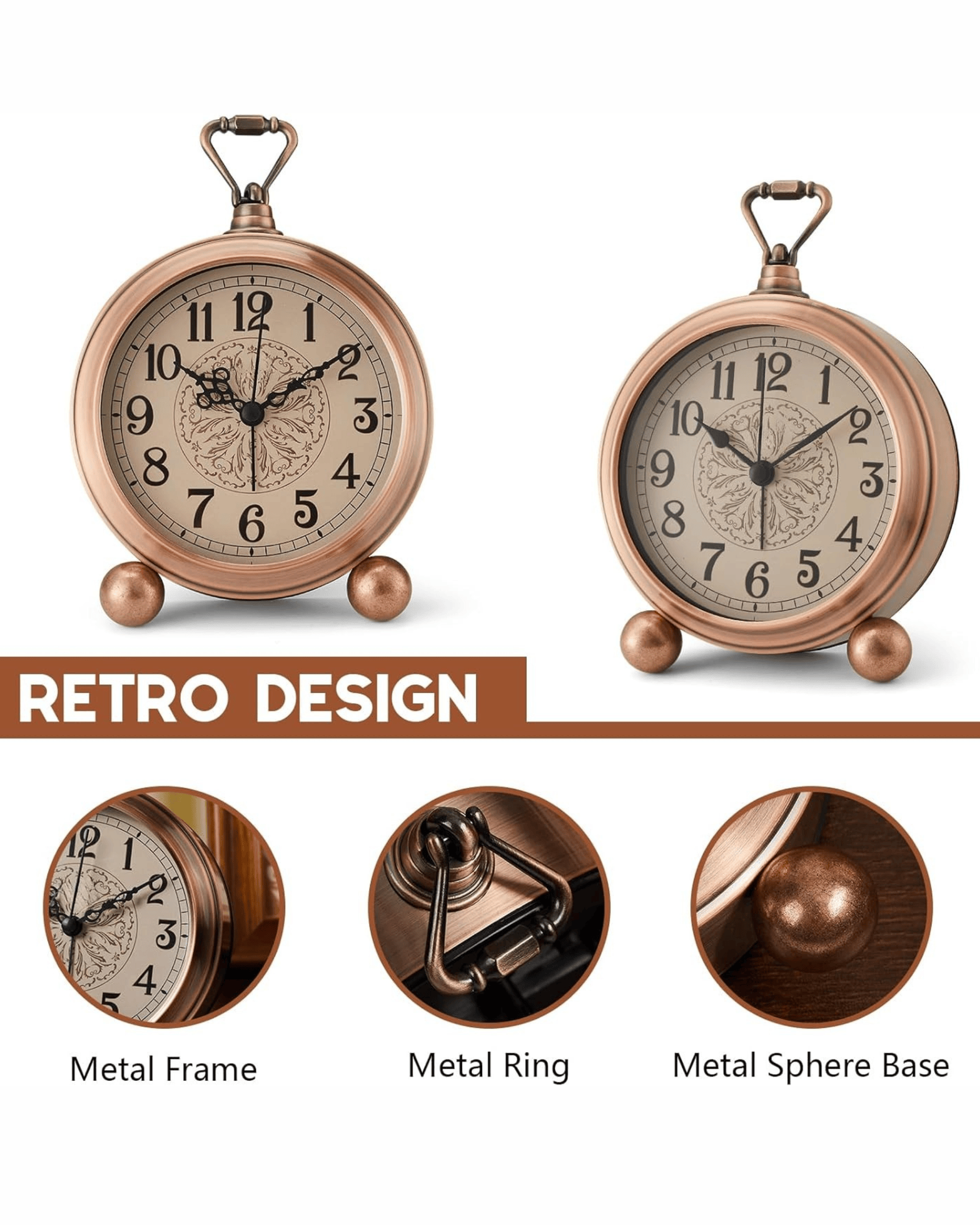 Retro Vintage Desk Brass Table Finish Silent Alarm Decorative Clock