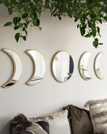 Set 5-Piece Moon Wooden Crescent Phase Wall Decorative Mirrors