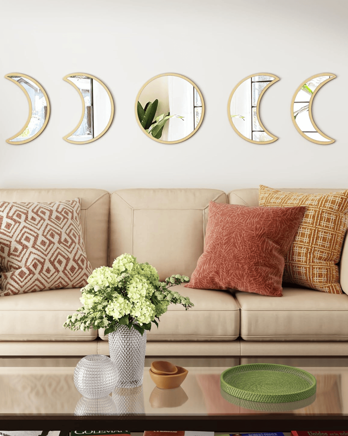 Set 5-Piece Moon Wooden Crescent Phase Wall Decorative Mirrors