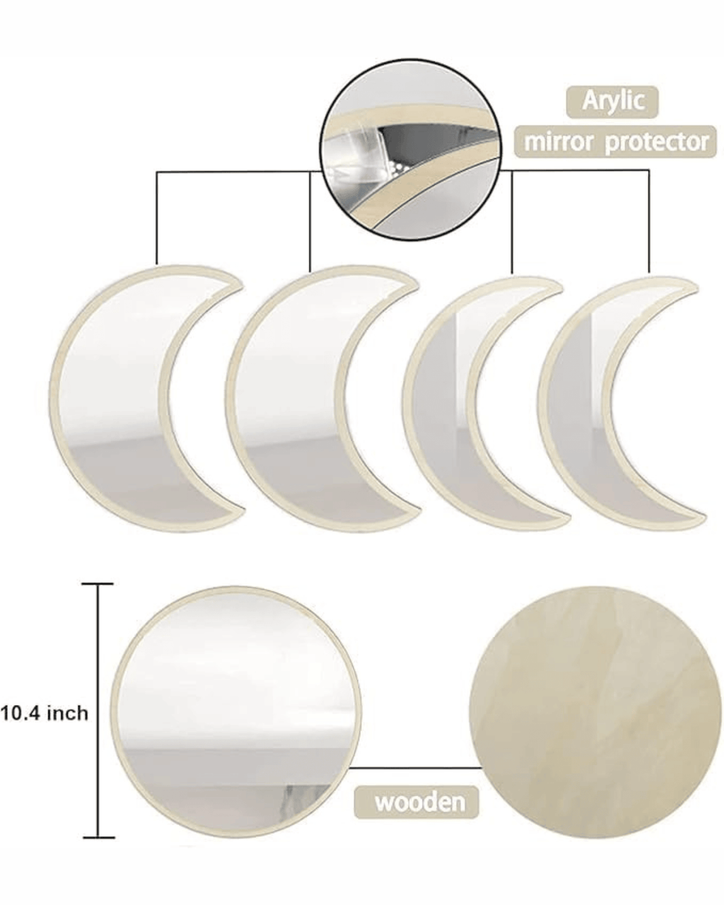 Set 5-Piece Moon Wooden Crescent Phase Wall Decorative Mirrors