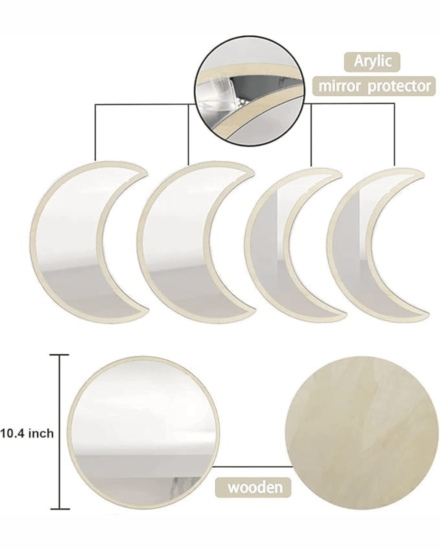 Set 5-Piece Moon Wooden Crescent Phase Wall Decorative Mirrors