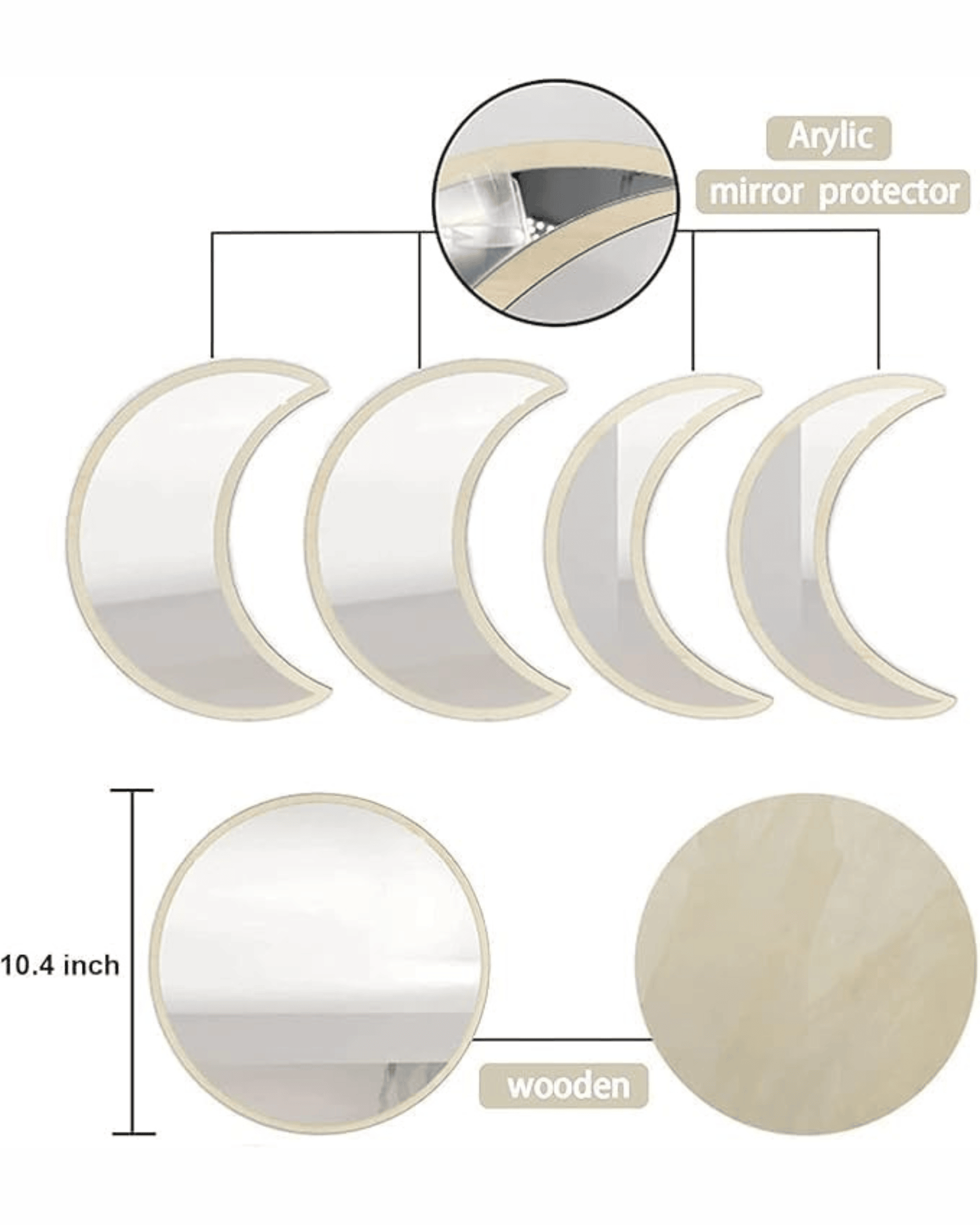 Set 5-Piece Moon Wooden Crescent Phase Wall Decorative Mirrors