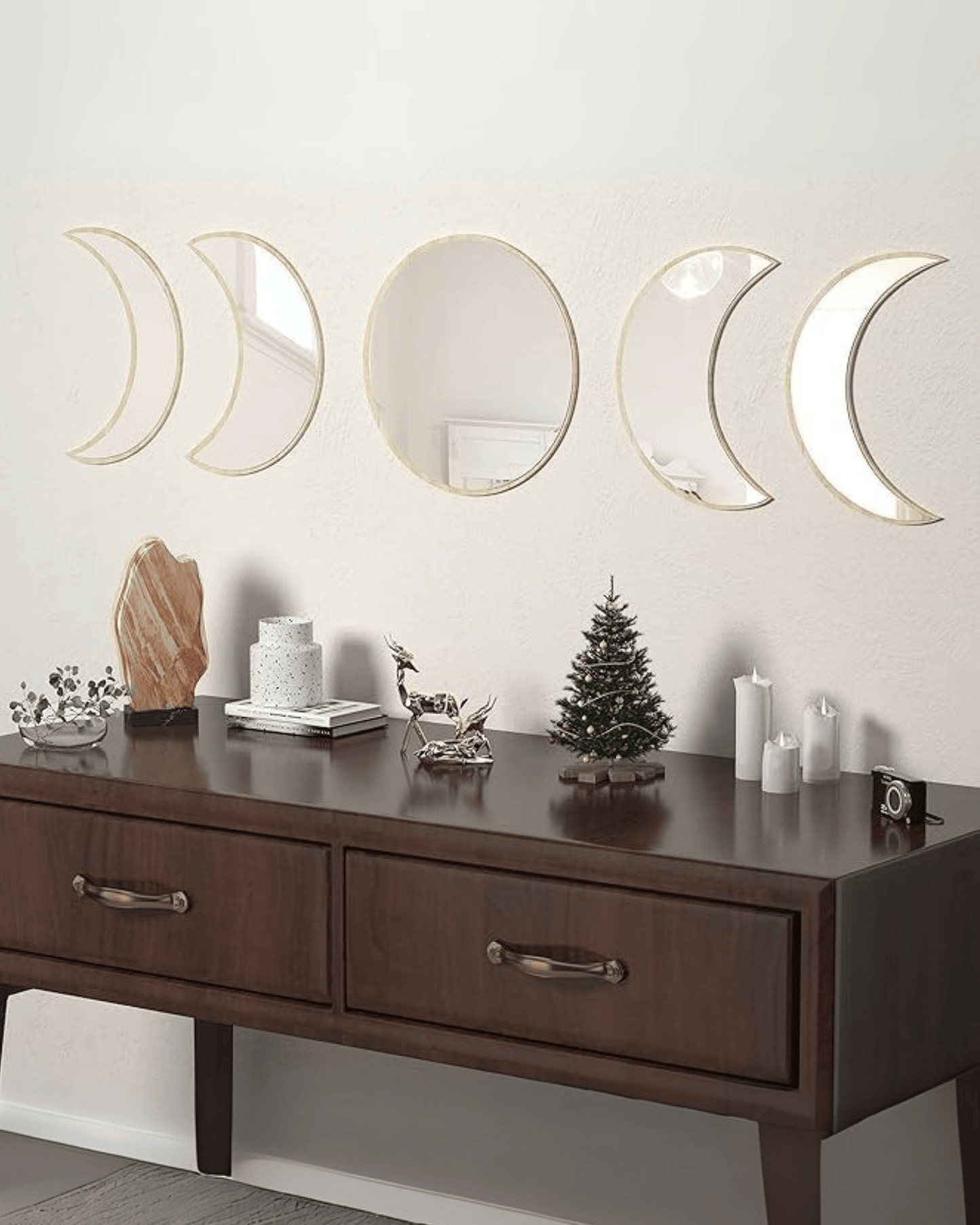 Set 5-Piece Moon Wooden Crescent Phase Wall Decorative Mirrors