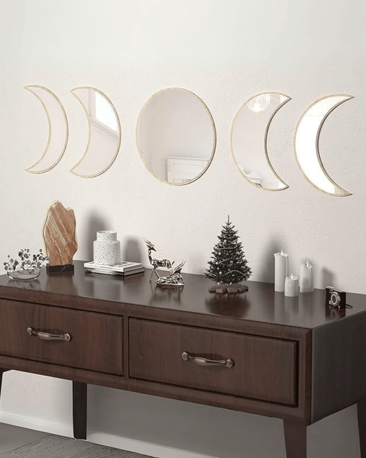 Set 5-Piece Moon Wooden Crescent Phase Wall Decorative Mirrors