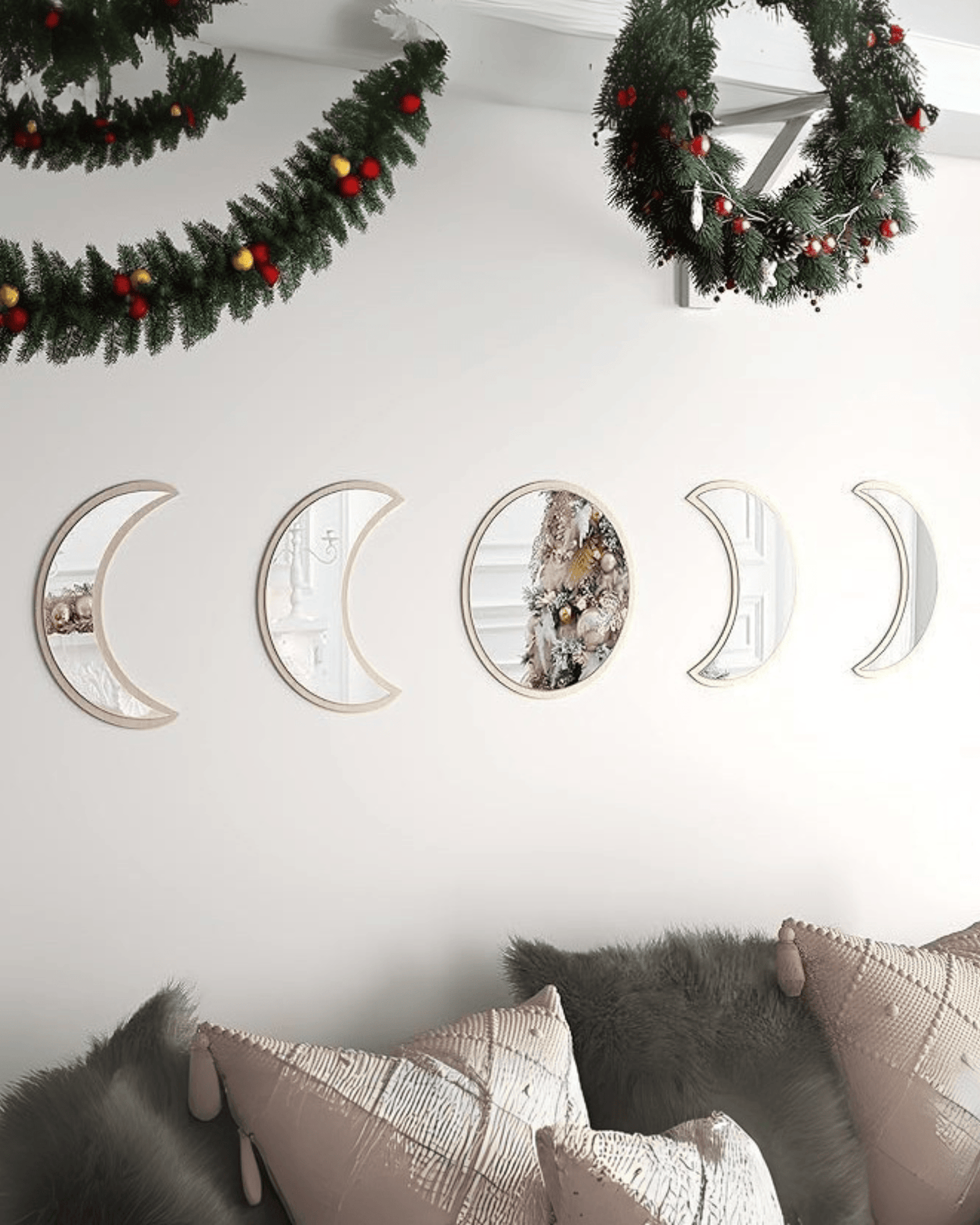 Set 5-Piece Moon Wooden Crescent Phase Wall Decorative Mirrors
